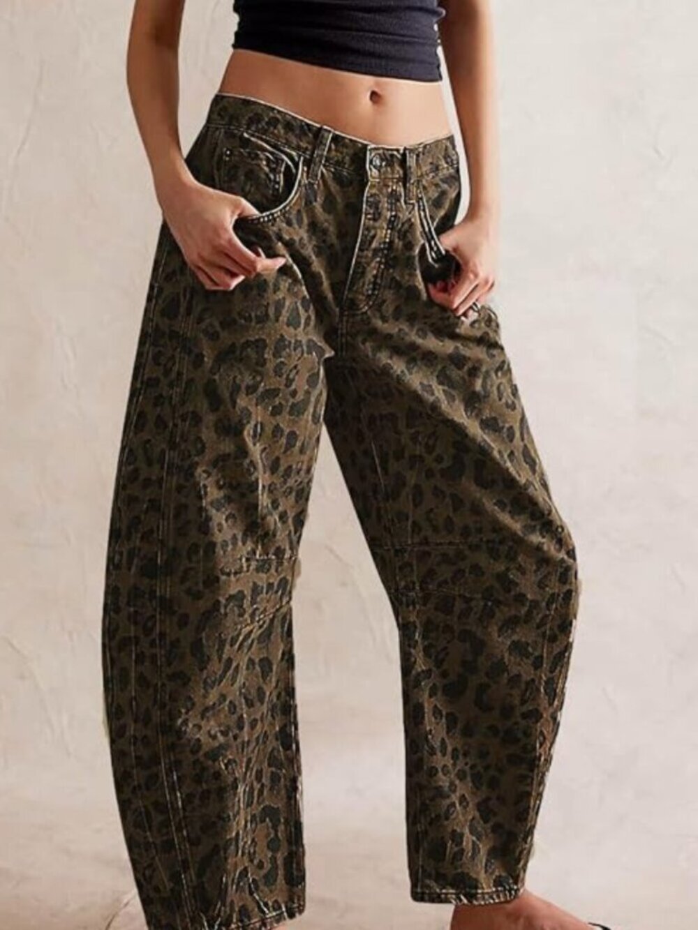 Leopard Print Baggy Barrel Cut Jeans Pants Trousers